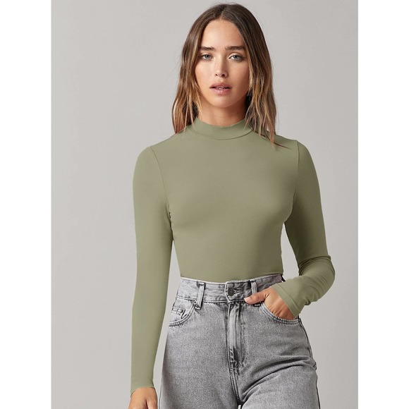Long sleeve Mock Neck Solid Crop Tee shirt gray - Picture 7 of 13